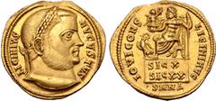 Roman Imperial Licinius I AV Aureus. Nicomedia, AD 317. Celebrating the Decennalia of November 11. LICINIVS AVGVSTVS, laureate head right / IOVI CONS LICINI AVG, laureate and bearded Jupiter, nude to 
