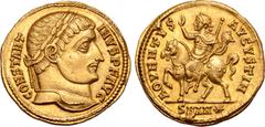 Roman Imperial Constantine I AV Solidus. Antioch, AD 324-325. CONSTANTINVS P F AVG, laureate head right / ADVENTVS AVGVSTI N, Constantine on horseback left, cloak flying, raising right hand and holdin