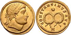 Roman Imperial Constantine I AV Solidus. Nicomedia, AD 326. Diademed head right with uplifted gaze / CONSTANTINVS AVG, two laurel wreaths; star above, N below. RIC 108; C 105; Alföldi 41; Depeyrot 38/