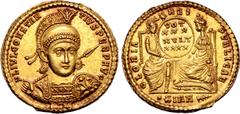 Roman Imperial Constantius II AV Solidus. Sirmium, AD 351-354. FL IVL CONSTANTIVS PERP AVG, cuirassed bust facing, head turned slightly to right, wearing crested and pearl-diademed helmet, holding shi