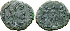Roman Imperial Valentinian I Æ Medallion. Rome, AD 364-367. D N VALENTINIANVS P F AVG, pearl-diademed, draped and cuirassed bust right / MONETA AVGG, the three Monetae standing facing, heads left, eac