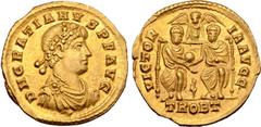 Roman Imperial Gratian AV Solidus. Treveri, AD 367-375. D N GRATIANVS P F AVG, rosette-diademed, draped and cuirassed bust right / VICTORIA AVGG, two emperors seated facing, jointly holding globe; Vic
