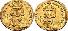 Byzantine Leo III the Isaurian, with Constantine V, AV Solidus. Constantinople, c. AD 725-732. DND LЄON P A MЧL, crowned and draped bust of Leo facing, holding globus cruciger and akakia / DN CONSTANT