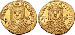 Byzantine Irene AV Solidus. Constantinople, AD 797-802. ЄIRIҺ bASILISSH, crowned facing bust of Irene, wearing loros, holding globus cruciger in right hand, cruciform sceptre in left / •ЄIPIҺH bASILIS
