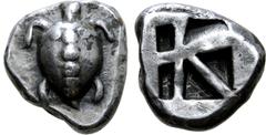 Greek Islands off Attica, Aegina AR Hemidrachm. Circa 480-457 BC. Turtle / Sea turtle, head in profile, with 'T-back' design on shell / Large square incuse with skew pattern. Meadows, Aegina, Group II