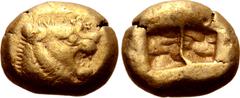 Greek Kingdom of Lydia, Alyattes EL Trite - 1/3 Stater. Sardes, circa 610-546 BC. Head of roaring lion right, sunburst with multiple rays on forehead / Two incuse square punches. Traité II/1, 44, pl. 