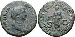 Roman Imperial Antonia (mother of Claudius I) Ӕ Dupondius. Rome, AD 41-50. ANTONIA AVGVSTA, draped bust right / TI CLAVDIVS CAESAR AVG P M TR P IMP, Claudius standing left, veiled and togate, holding 