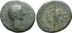 Roman Imperial Antonia (mother of Claudius I) Ӕ Dupondius. Rome, AD 50-54. ANTONIA AVGVSTA, draped bust right / TI CLAVDIVS CAESAR AVG P M TR P IMP P P, Claudius veiled and togate, standing left, hold