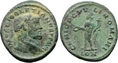 Roman Imperial Diocletian Æ Nummus. London, circa AD 296. IMP C DIOCLETIANVS P F AVG, laureate and cuirassed bust right / GENIO POPVLI ROMANI, Genius standing left, holding patera and cornucopiae; LON