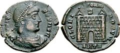 Roman Imperial Valens Æ 'Medallic' Nummus. D N VALENS PF AVG, pearl diademed, draped and cuirassed bust right / GLORIA ROMANORVM, campgate with two turrets and no doors, S above; SMTR in exergue. RIC 