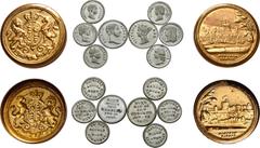 Medieval and World Great Britain, Victoria Windsor Castle Medal Coin Set. Circa 1848-1865. Cylindrical box depicting Windsor Castle and royal arms, containing eight model coins with portraits of Victo