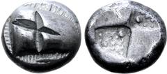 The William Stancomb Collection Paphlagonia, Sinope AR Drachm. Circa 490-425 BC. Head of eagle right, small dolphin below / Four-part diagonal square, diagonal quarters stippled; on sunken middle corn