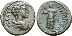 The William Stancomb Collection Bithynia, Herakleia Pontika Æ18. Geta as Caesar, AD 198-209. Π CΕΠΤΙ ΓΕΤΑC Κ, draped bust right / ΗΕΡΑΚΛΗΑC ΕΝ ΠΟΝΤΩ, Nemesis standing facing, head to left, holding wre