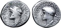 Greek Kingdom of Mauretania, Juba II, with Cleopatra Selene, AR Denarius. Caesarea, dated RY 6 = 20/19 BC. REX•IVBA•REGIS•IVBAI•F•R•A•VI, diademed head of Juba left / BACIΛICCA KΛЄOΠATPA, diademed and