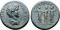 Roman Provincial Commodus, as Caesar, Æ Tetrassarion of Trapezopolis, Caria. M. Oul. Karminios Klaudianos, asiarch. Circa AD 166-169. M AYPHΛIOC OYHPOC KAICAP, bare-headed and draped bust right / ΔΙΑ•