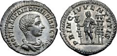 Roman Imperial Diadumenian, as Caesar, AR Denarius. Rome, AD 217-218. M OPEL ANT DIADVMENIAN CAES, bare headed, draped and cuirassed bust right / PRINC IVVENTVTIS, Diadumenian standing facing, head ri