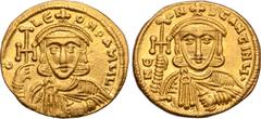 Byzantine Constantine V Copronymus, with Leo III the Isaurian, AV Solidus. Constantinople, AD 745-750. D LЄON P A MЧL, crowned and draped bust of Leo facing, holding patriarchal cross and akakia / N C
