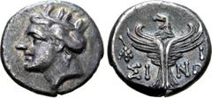 The William Stancomb Collection Paphlagonia, Sinope AR Hemidrachm. Circa 330-250 BC. Head of Nymph left / ΣI-NΩ, eagle with wings displayed facing; bunch of grapes to left, I to right. SNG Stancomb 78