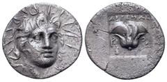 Greek Rhodos, Rhodes AR Hemidrachm. 'Plinthophoric' coinage. Artemon, magistrate. Circa 170-150 BC. Radiate head of Helios facing slightly right / Rose with bud to right, P-O flanking; ΑΡΤΕΜΩN, above,