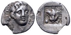 Greek Rhodos, Rhodes AR Hemidrachm. 'Plinthophoric' coinage. Dexikrates, magistrate. Circa 170-150 BC. Radiate head of Helios right / Rose with bud to right, P-O flanking; ΔΕΧΙΚΡΑΤHΣ above, Isis crown