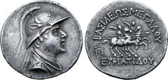 Greek Greco-Baktrian Kingdom, Eukratides I 'the Great' AR Tetradrachm. Circa 170-145 BC. Helmeted bust right / The Dioskouroi on horses prancing right, each holding spear and palm; ΒΑΣΙΛΕΩΣ ΜΕΓΑΛΟΥ ab