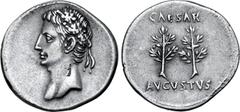 Roman Imperial Augustus AR Denarius. Uncertain Spanish mint (Colonia Caesaraugusta?), circa 19-18 BC. Head left, wearing oak wreath / Two laurel trees; CAESAR above; AVGVSTVS below. RIC 33b; BMCRE 319