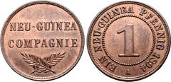 Medieval and World Papua New Guinea, German Colonial. Wilhelm II CU 1 Pfennig. 1894 A. NEU-GUINEA COMPAGNIE in two lines above crossed palm branches / Denomination within dotted border; EIN NEU-GUINEA
