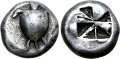 Greek Islands off Attica, Aegina AR Stater. Circa 550-525. Sea turtle, with no collar and an almost smooth carapace / skew pattern within incuse square, with eight segments, some partially filled up. 
