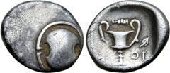 Greek Boiotia, Federal Coinage AR Hemidrachm. Thebes, Circa 395-340 BC. Boeotian shield / {Β}ΟΙ, kantharos, club above; in right field ivy leaf; all within incuse square. BCD Boeotia 30. 2.60g. Very F