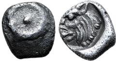 Greek Western Asia Minor, uncertain mint AR 1/96 Stater. Late 6th - early 5th centuries BC. Pellet within serrated linear circle / Head of griffin(?) or man-faced bull to left, within round incuse. Fo