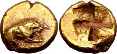 Greek Mysia, Kyzikos EL 1/24 Stater. Circa 500-450 BC. Lion to right, gnawing on the leg of a prey animal; tunny fish below swimming left(?) / Quadripartite incuse square. Cf. Von Fritze 177 (stater);