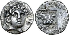 Greek Rhodos, Rhodes AR Hemidrachm. 'Plinthophoric' coinage. Timokrates, magistrate. Circa 125-88 BC. Radiate head of Helios right / Rose with bud to right, P-O flanking; ΤΙΜΟΣΚΡΑΤ above, Isis crown(?