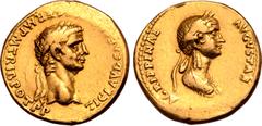 Roman Imperial Claudius I, with Agrippina II (niece and wife of Claudius) AV Aureus. Lugdunum, AD 50-51. TI CLAVD CAESAR AVG GERM P M TRIB POT P P, laureate head of Claudius right / AGRIPPINAE AVGVSTA