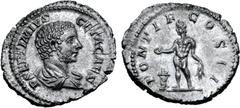 Roman Imperial Geta, as Caesar, AR Denarius. Rome, AD 208-209. P SEPTIMIVS GETA CAES, bare head right / PONTIF COS II, Genius standing left, sacrificing from patera over lighted altar and holding corn