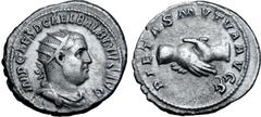 Roman Imperial Balbinus AR Antoninianus. Rome, AD 238. IMP CAES D CAEL BALBINVS AVG, radiate, draped and cuirassed bust right / PIETAS MVTVA AVGG, clasped hands. RIC 12; BMCRE 74-76; RSC 17. 5.30g, 23