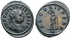 Roman Imperial Tacitus Silvered Æ Antoninianus. Ticinum, AD 276. IMP C M CL TACITVS AVG, radiate and cuirassed bust right / SECVRIT PERP, Securitas standing left, legs crossed, leaning upon column to 