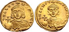 Byzantine Leo III 'the Isaurian', with Constantine V, AV Solidus. Constantinople, AD 724-731. ∂ NO LЄON P A MЧL', crowned bust of Leo facing, wearing chlamys, holding globus cruciger and akakia / ∂ N 