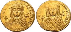 Byzantine Irene AV Solidus. Constantinople, AD 797-802. ЄIRIҺ bASILISSH, crowned facing bust of Irene, wearing loros, holding globus cruciger in right hand, cruciform sceptre in left / •ЄIP[IҺH] bASIL