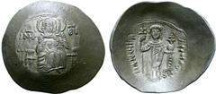 Byzantine Manuel I Comnenus BI Aspron Trachy. Constantinople, circa AD 1160-1164. The Virgin enthroned facing, holding infant Christ; MHP (ligate)- ΘV across fields / MANOVHΛ ΔECΠOTHC, emperor standin