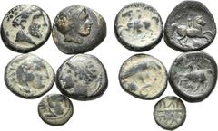 Large Lots Lot of 5 Greek Æ Coins: 1. Macedon, Pydna. Ca. 381-369 BC. Æs, 4.12 g. Head of young Herakles right, wearing lion skin / ΠYΔNA[IΩN] eagle standing right, holding serpent in talons. SNG ANS 