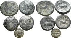 Large Lots Lot of 5 Greek Æ Coins: 1. Kingdom of Macedon, Philip II. Posthumous. Uncertain mint in Macedon, 315-295 BC. Æ16, 6.0 g. Head of Apollo right / ΦIΛIΠΠOY youth on horseback right; below: spe