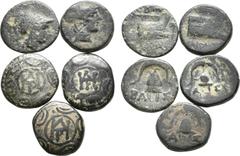 Large Lots Lot of 5 Greek Æ Coins: 1. Kingdom of Macedon, Demetrios I Poliorketes. Amphipolis, 294-288 BC. Æ14, 3.88 g. Macedonian shield with monogram of Demetrios in boss / BA ΣΙ crested Macedonian 