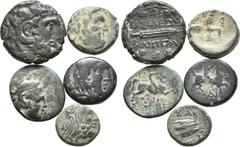 Large Lots Lot of 5 Greek Æ Coins: 1. Kingdom of Macedon, Antigonos II Gonatas. Unknown Macedonian mint, 277-239 BC. AE16, 3.02g.Head of young Herakles wearing lion-skin headdress right / BA youth on 