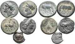 Large Lots Lot of 5 Greek Æ Coins: 1. Thessaly, Lamia. Ca. 325-300 BC. Æ Chalkous, 2.28 g. Helmeted head of Athena right / ΜΑΛΙΕΩΝ Philoktetes standing right shooting bow at birds, one of which falls 