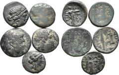 Large Lots Lot of 5 Greek Æ Coins: 1. Thessaly, Thessalian League. Late 2nd–mid 1st century BC. Æ Chalkous, 3.45 g. Phere..., magistrate. Laureate head of Apollo right / ΘEΣΣA ΛΩN Athena Itonia right,