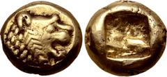 Greek Kingdom of Lydia, Alyattes EL Hemihekte. Sardes, circa 610-560 BC. Head of roaring lion right, sunburst on forehead / Incuse square punch. GRPC Lydia G30; Weidauer group XVI, 90; Traité I 47; SN