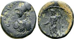 Greek Lydia, Silandos Æ21. Pseudo-autonomous issue, uncertain reign, circa AD 81-235. CΙΛΑΝΔΕΩΝ, helmeted bust of Athena left, wearing aegis / Dionysos standing left, holding thyrsos and pouring wine 