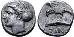 The William Stancomb Collection Paphlagonia, Sinope AR Drachm. Circa 410-350 BC. Head of nymph Sinope left, hair elaborately arranged and wearing sakkos / ΣΙΝΩ, eagle flying left clutching dolphin. SN