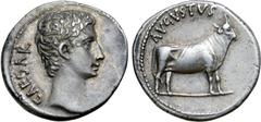 Roman Imperial Augustus AR Denarius. Samos, 21-20 BC. CAESAR, bare head right / AVGVSTVS, bull standing right. RIC 475; BMCRE 663; RSC 28; Sutherland, "L'attribution des deniers augustéens aux types d