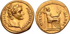 Roman Imperial Tiberius AV Aureus. Lugdunum, AD 14-37. TI CAESAR DIVI AVG F AVGVSTVS, laureate head right / PONTIF MAXIM, Livia as Pax seated to right on throne with plain legs, holding branch and sce